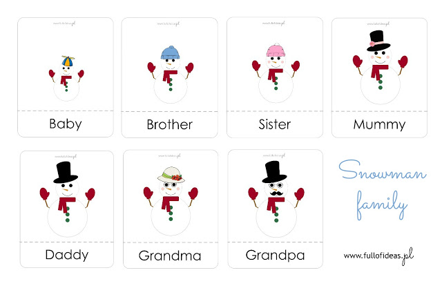 snowman family flashcards, rodzina, angielski dla dzieci, przedszkolaków, Head Full of Ideas, blog dla nauczycieli